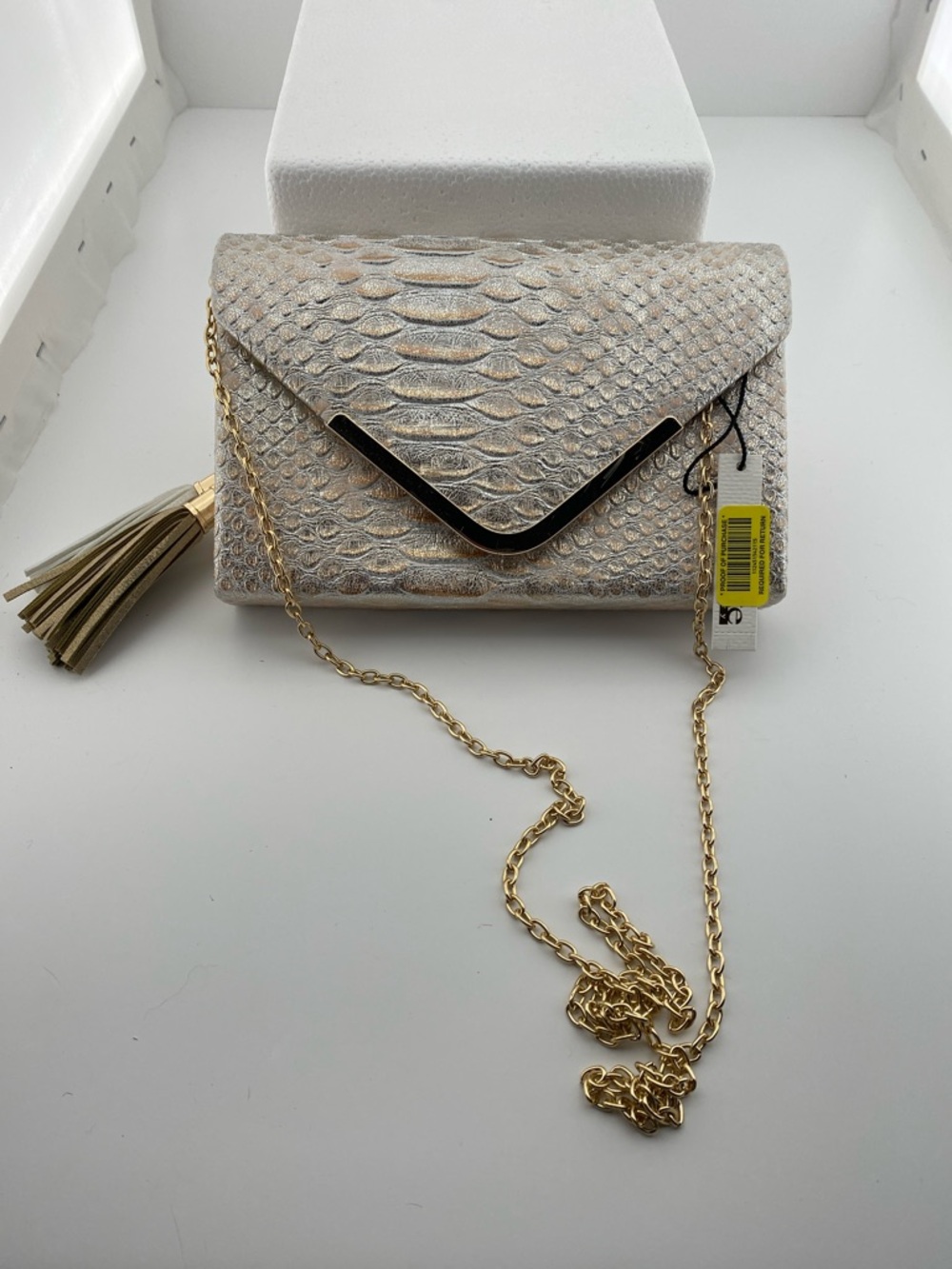 Kate Landry Metallic Silver Python-Embossed Envelope Clutch with Gold Chain